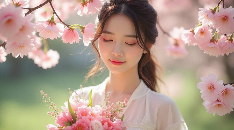Beautiful Woman Holding Spring Bouquet Under Sakura Blossoms – Soft Floral Portrait